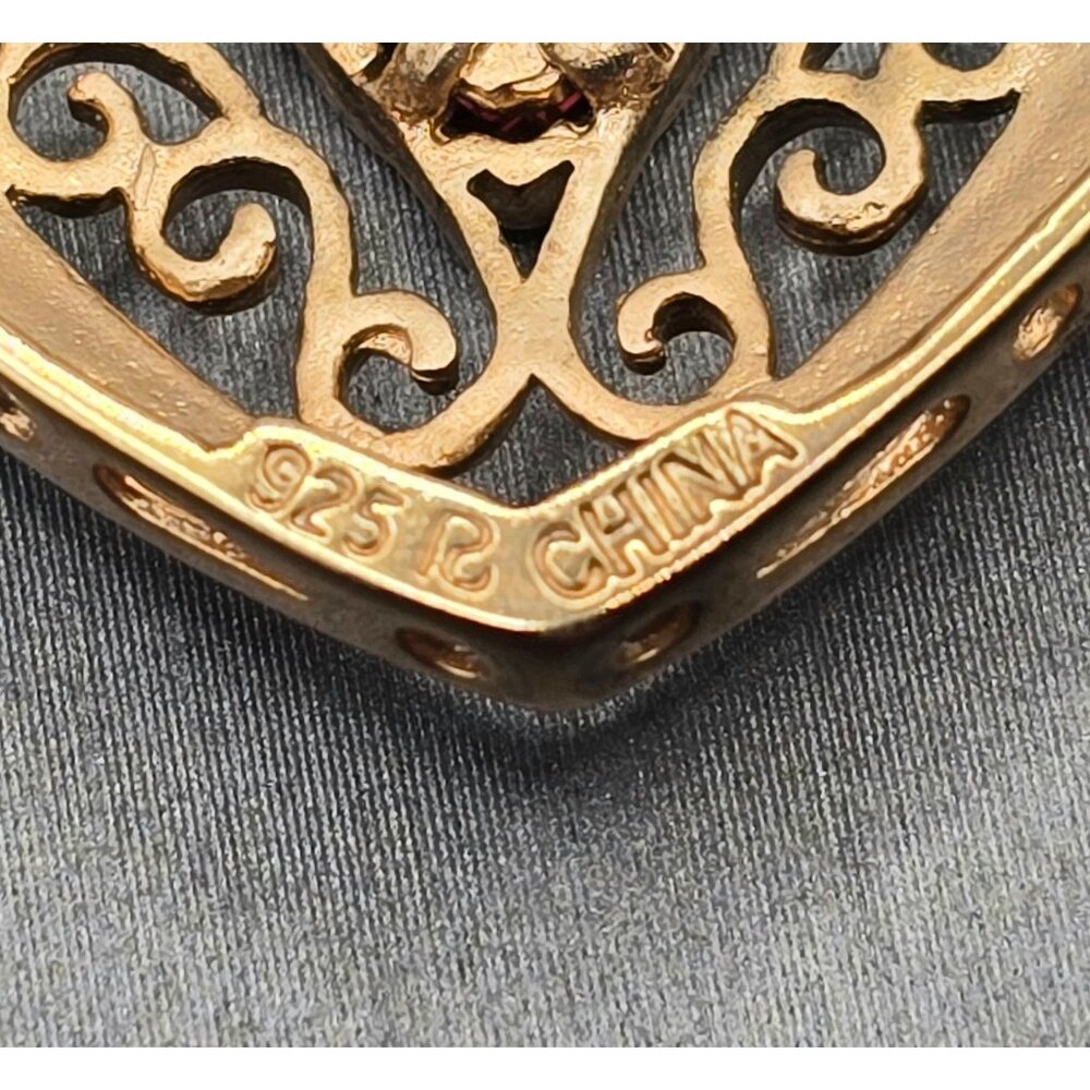 VTG Ross‑Simons Vermeil Sterling Heart Pendant Garnet & Diamond Accents 1" - Picture 4 of 9